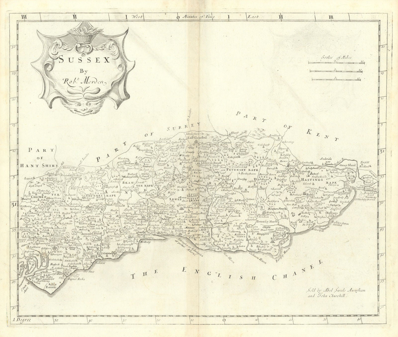 SUSSEX by ROBERT MORDEN from Camden's Britannia 1722 old antique map chart